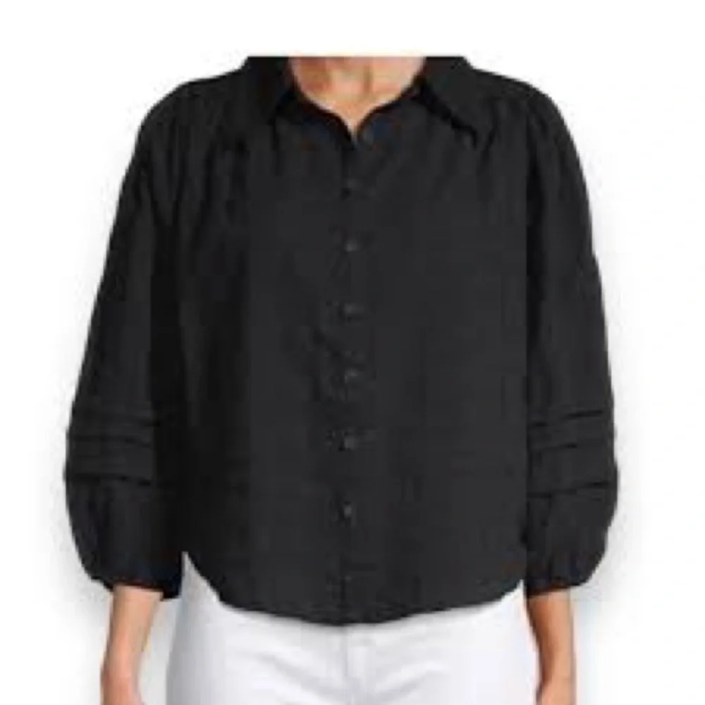 Free People Happy Days Puff Sleeve Cropped Blouse In Black Womans Size Medium